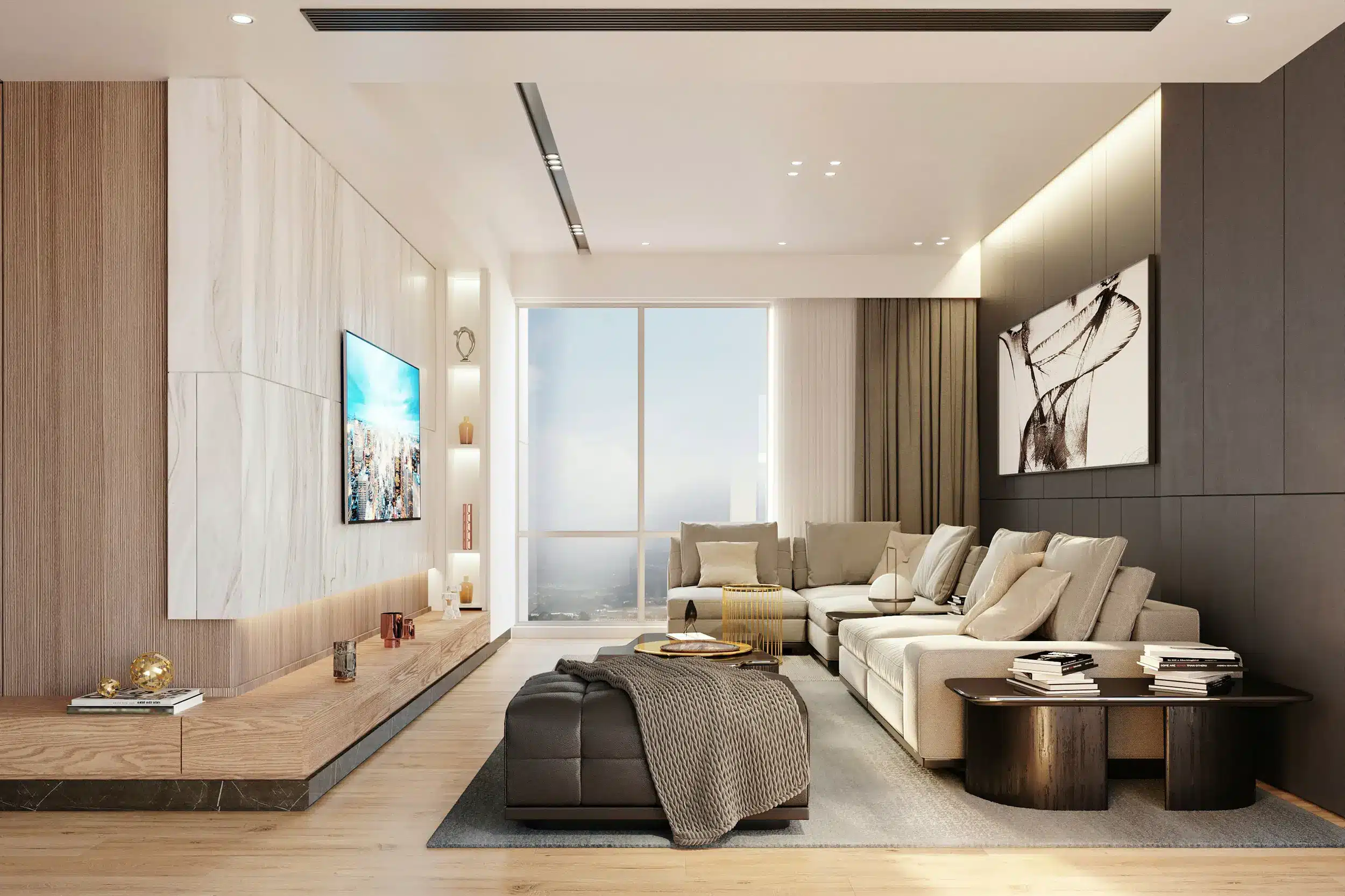 Luxury New York City apartment living room with custom built-ins, protected finishes, and high-end furnishings—illustrating the type of residence that requires a professional white glove moving service in NYC.